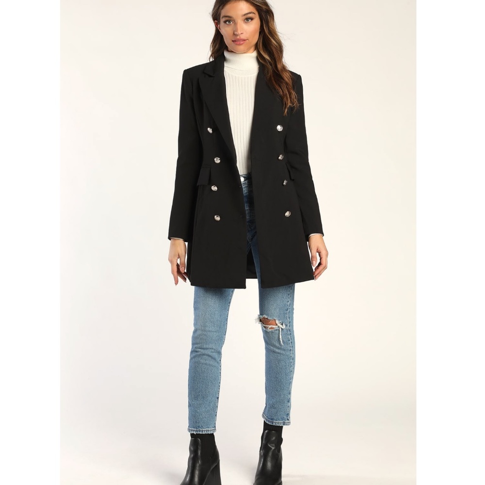 Lulus Captain’s Blog Black Double-Breasted Coat Size Small Neutral Jacket - Picture 12 of 12